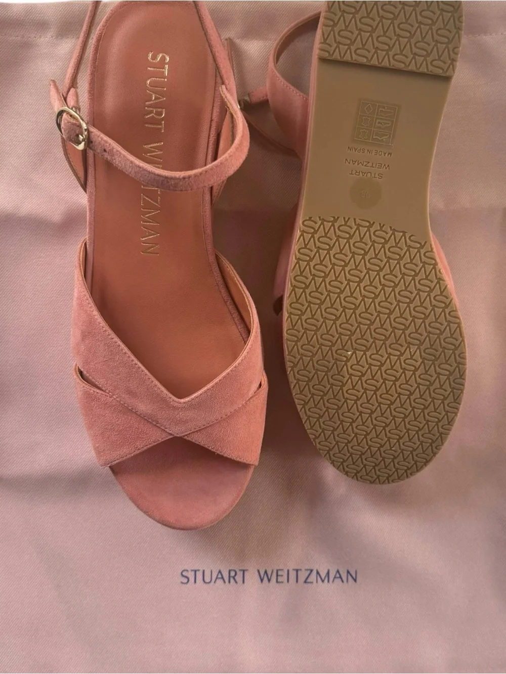 Stuart Weitzman Women's Platform Wedge Sandals Pink Suede Crisscross Size 9